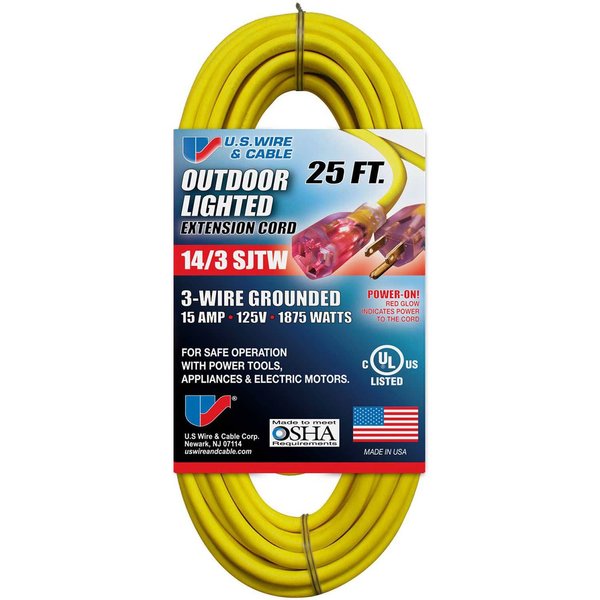 U.S. Wire & Cable 25 Ft. Three Conductor Yellow Temp-Flex Lighted Plug Cord, 14/3 Ga., 300V 15A 73025